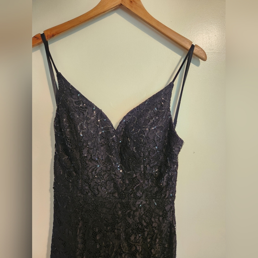 Black Sequin Floor Length Lace Dress